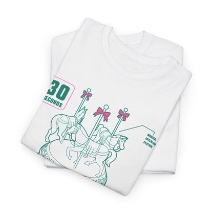 Stylish stacked white t-shirts displaying an eye-catching carousel graphic inspired by Squid Game, crafted for a luxurious urban aesthetic.