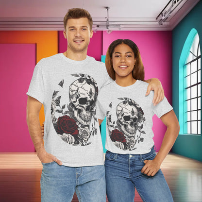 Stylish couple wearing the Skulls and Roses Cotton Tee, a luxurious unisex graphic shirt featuring a steampunk design of intricate skulls and vibrant roses, perfect for alternative fashion and making bold statements.