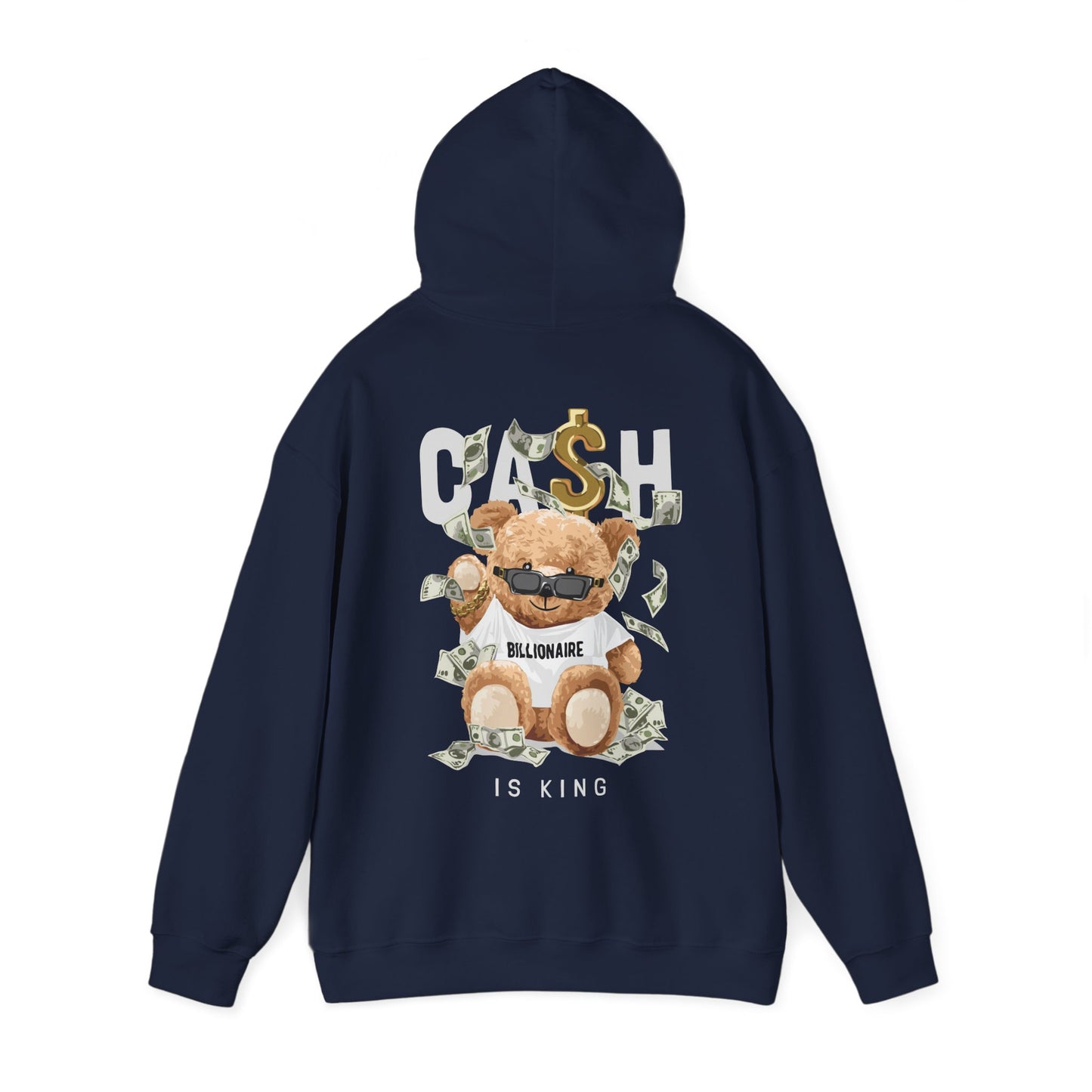 Luxurious navy hoodie featuring a playful teddy bear graphic, adorned with dollar bills and the phrase 'BILLIONAIRE', perfect for a stylish casual look.