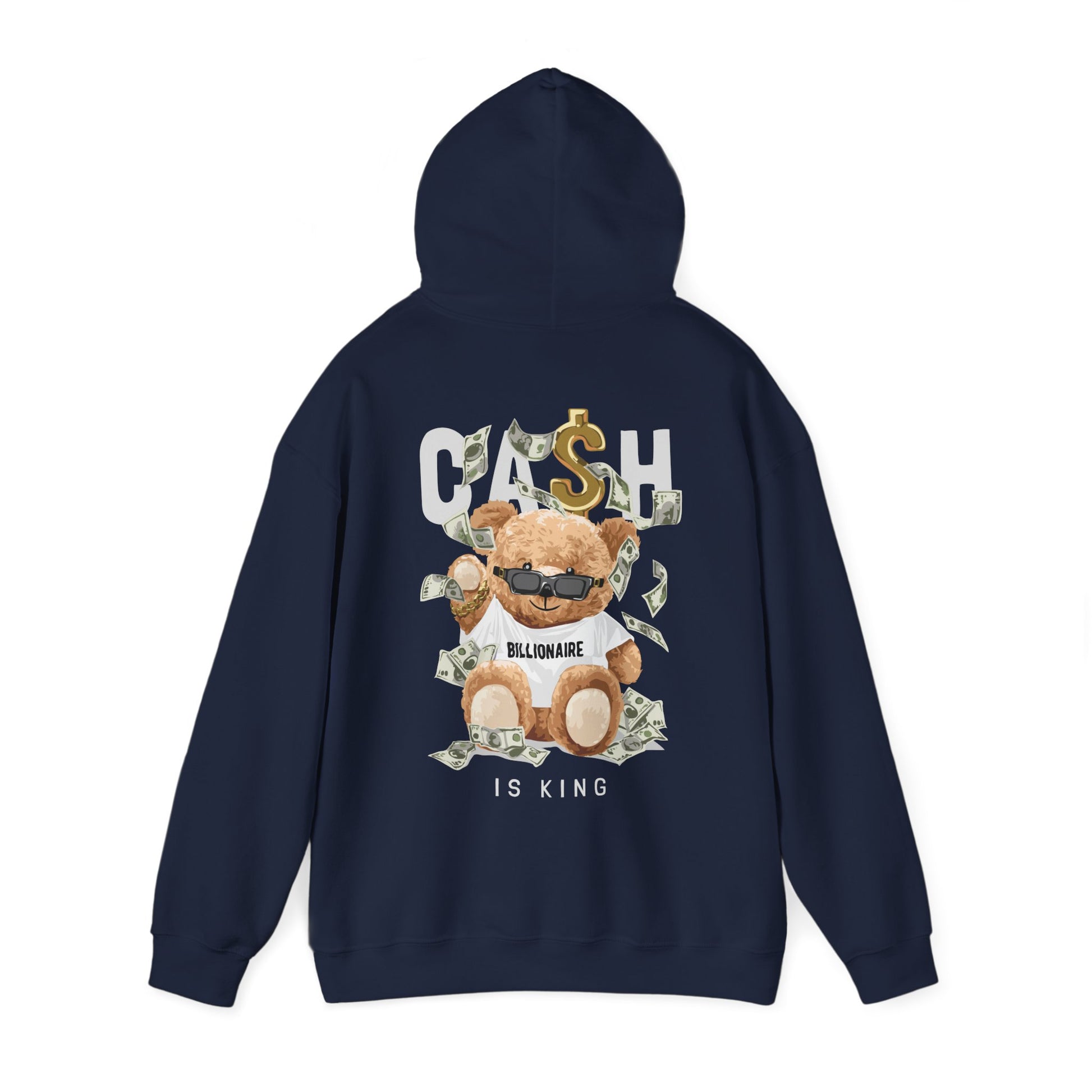 Luxurious navy hoodie featuring a playful teddy bear graphic, adorned with dollar bills and the phrase 'BILLIONAIRE', perfect for a stylish casual look.