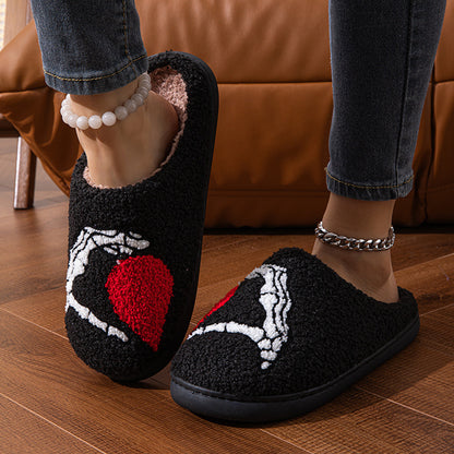 Luxurious Love Black Hand Thickened Cotton Slippers displayed from a side view, showcasing the elegant black texture adorned with artistic hand and heart details.