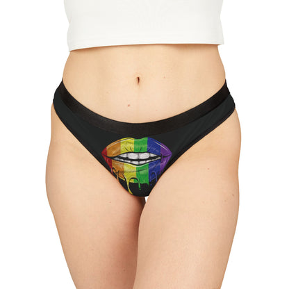 Luxurious women's thong featuring a vibrant rainbow lip design, embodying playful romance and cheekiness, perfect for special occasions.