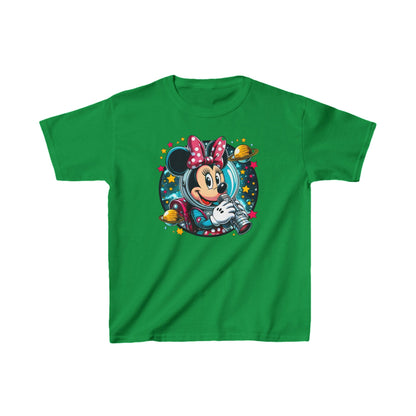 Stylish Child’s Blast Off with Minnie Mouse Unisex Graphic Tee Shirt Kids in vibrant green, featuring a delightful Minnie Mouse design amid a cosmic backdrop, ideal for adventurous young explorers.