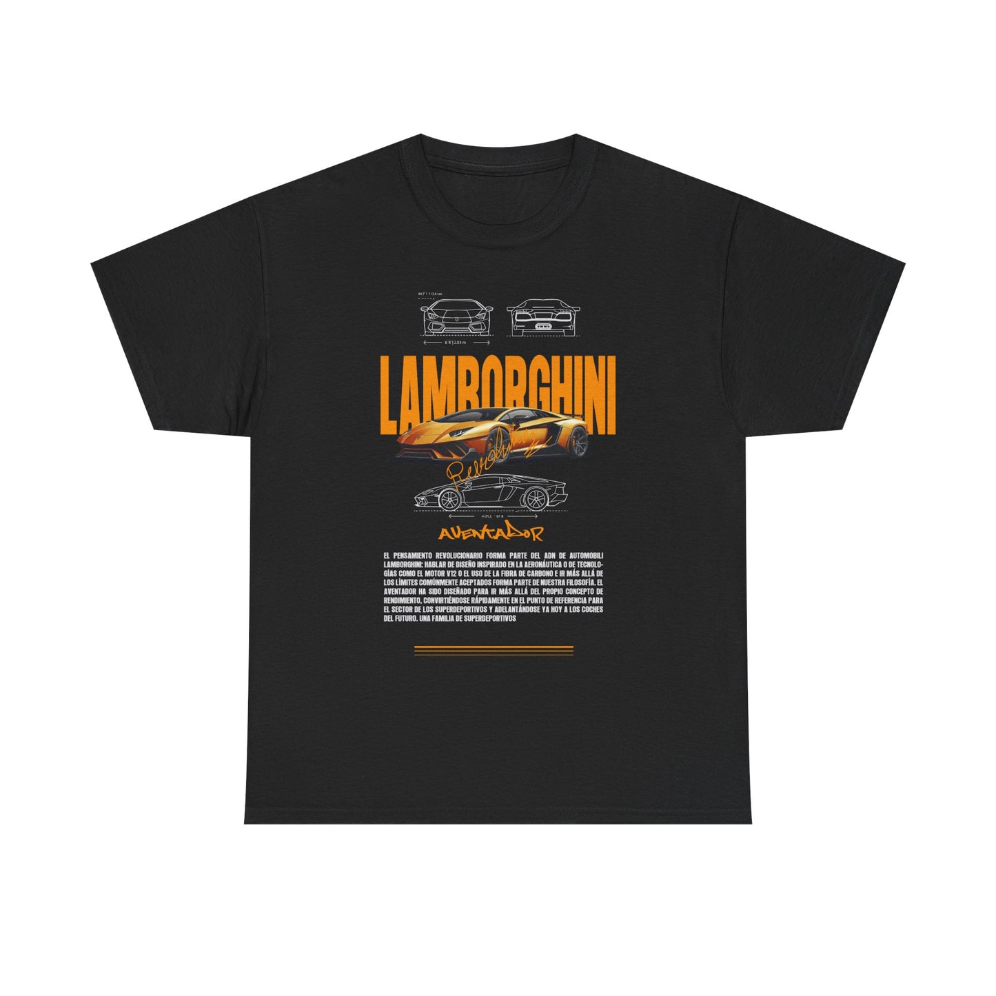 Luxurious black Lamborghini Aventador graphic t-shirt featuring bold orange typography and intricate vehicle sketches, perfect for automotive enthusiasts.