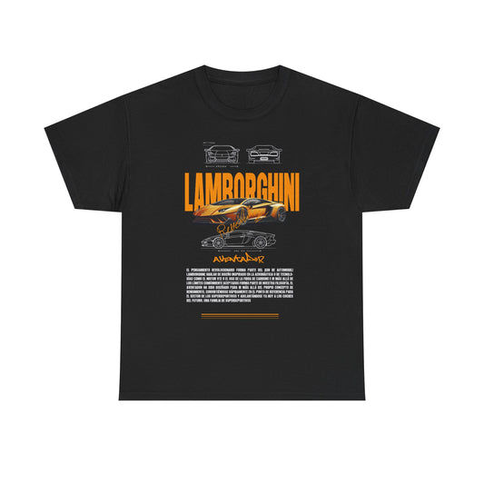 Luxurious black Lamborghini Aventador graphic t-shirt featuring bold orange typography and intricate vehicle sketches, perfect for automotive enthusiasts.