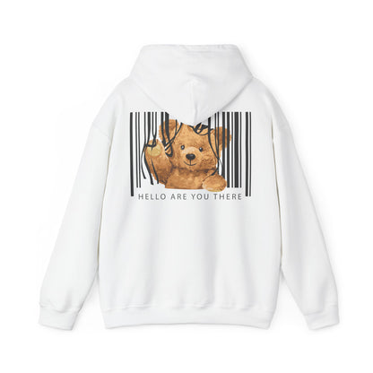 Elegant white hoodie showcasing a whimsical design featuring an adorable teddy bear playfully situated within a modern barcode. The bear's cheerful expression adds a charming touch while the text 'HELLO ARE YOU THERE' invites curiosity.