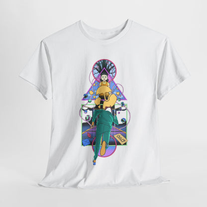 Elegant unisex graphic cotton t-shirt featuring a vibrant and thought-provoking design inspired by the psychological thriller, Squid Game, showcasing intricate illustrations that blend art and culture.