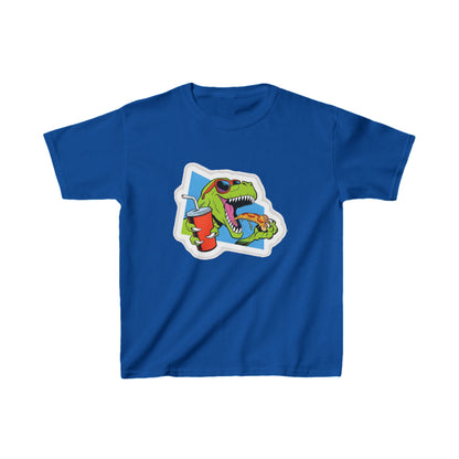 Unisex Kids T-Rex Pizza Cotton T-Shirt in navy, featuring a lively dinosaur illustration with pizza and a beverage, ideal for stylish young adventurers.