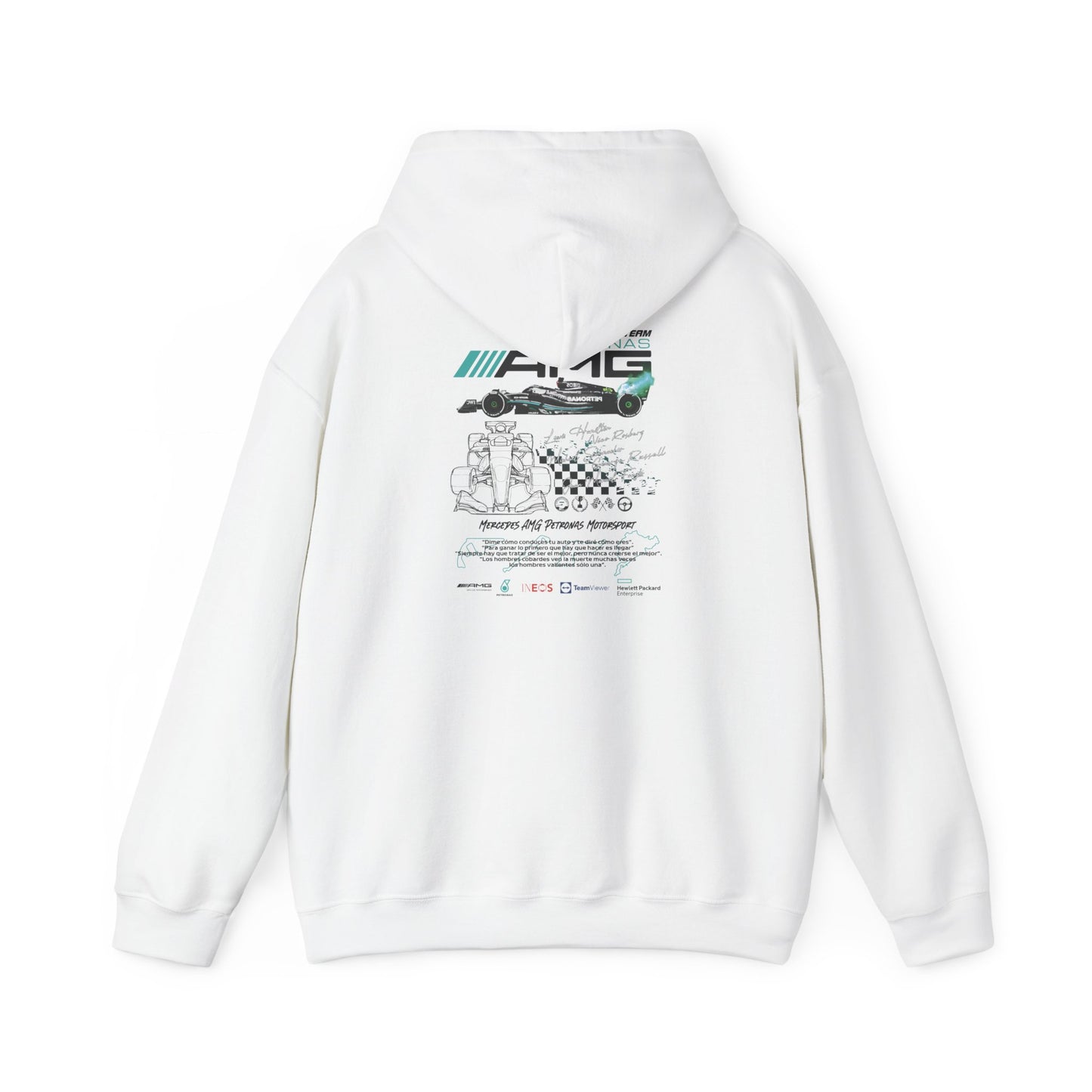 Stylish white hoodie featuring Mercedes AMG Petronas F1 Racing Team graphic design on the back, showcasing dynamic racing illustrations and iconic driver signatures for motorsport enthusiasts.
