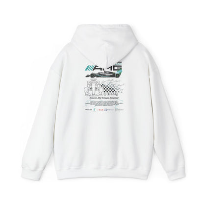 Stylish white hoodie featuring Mercedes AMG Petronas F1 Racing Team graphic design on the back, showcasing dynamic racing illustrations and iconic driver signatures for motorsport enthusiasts.