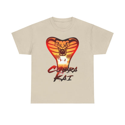 Luxurious Cobra Kai graphic t-shirt featuring a striking snake emblem with vibrant sunset colours, perfect for fans of martial arts and nostalgia.