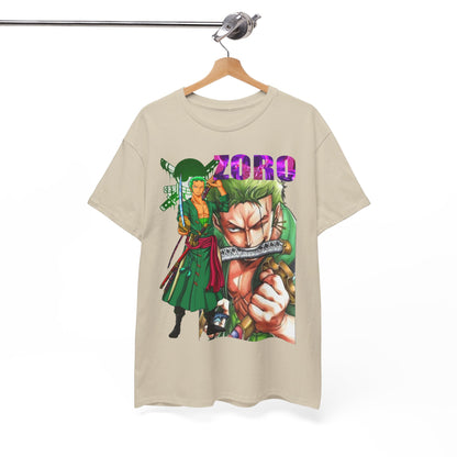 Roronoa Zoro graphic t-shirt elegantly displayed on a hanger, featuring striking visuals and confident design, perfect for showcasing anime passion.