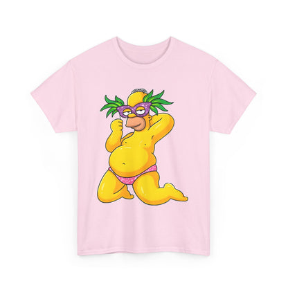 Vibrantly illustrated front view of a Homer Simpson unisex cotton tee showcasing Homer in a pink bikini amidst a stylish backdrop, perfect for playful wardrobe styling.