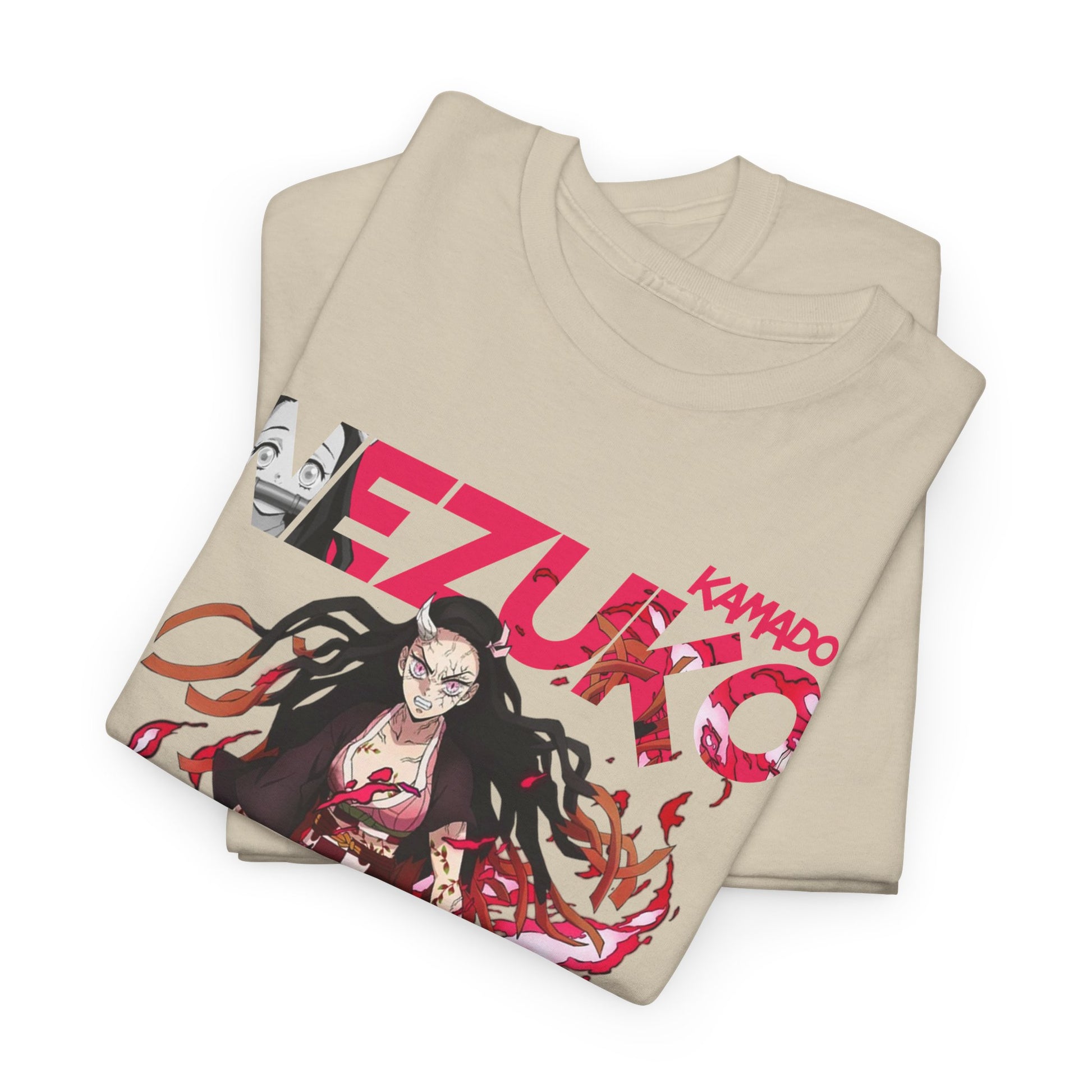 Luxurious Nezuko Kamado T-shirt showcasing a dynamic anime graphic in vibrant colours, ideal for anime enthusiasts and trendsetters.