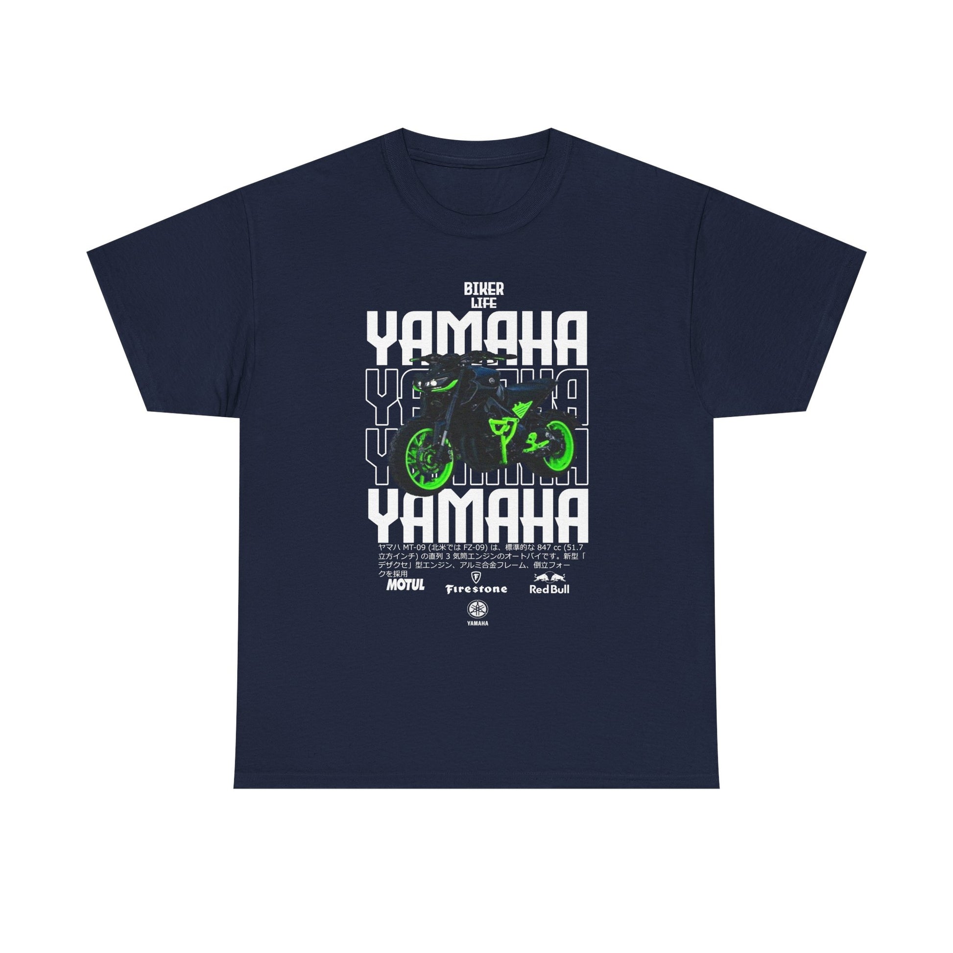 Sophisticated navy blue Yamaha motorcycle graphic T-shirt showcasing an intricate design with the legendary MT-09 and vivid green highlights, ideal for bikers.