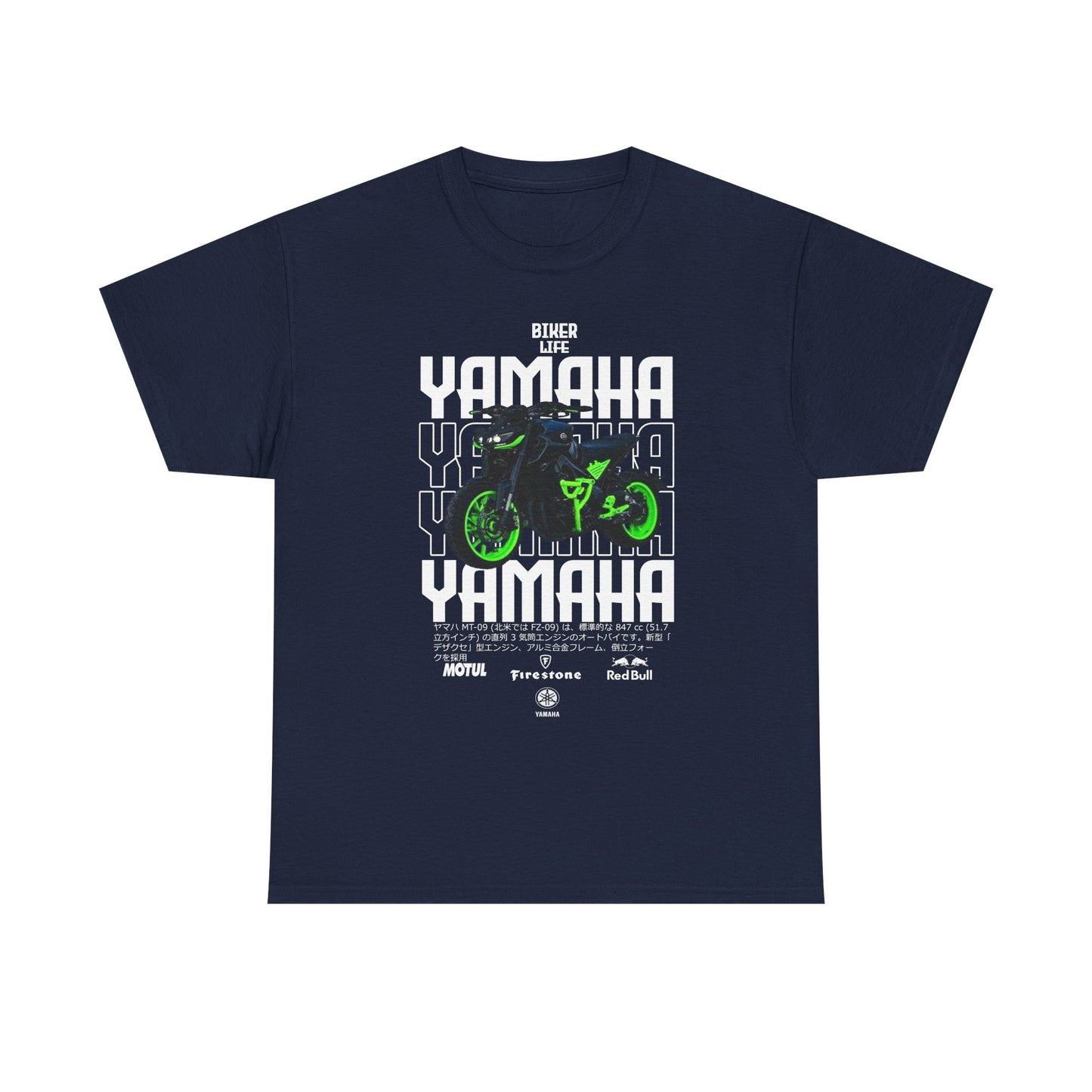 Classy navy Men's T-Shirt featuring an eye-catching Yamaha motorcycle graphic in black and green, representing the essence of biker culture.