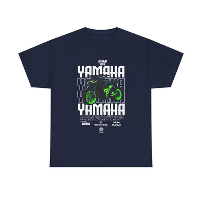 Classy navy Men's T-Shirt featuring an eye-catching Yamaha motorcycle graphic in black and green, representing the essence of biker culture.