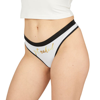 Sophisticated women's thong worn on a model, showcasing the cheeky 'get naked' slogan in gold, ideal for romantic celebrations and playful surprises.