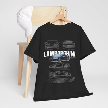 Elegant T-shirt design showcasing the Lamborghini Huracán technical drawing paired with a stylish cap; perfect for car enthusiasts seeking luxury and performance.