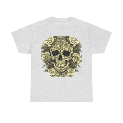 Alternative colour option of the Skulls and Roses Cotton Tee, featuring the iconic skull and rose design on a light grey fabric.