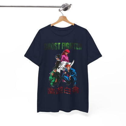 Ghost Fighter graphic t-shirt hung elegantly on display, featuring a striking illustration of characters in dynamic poses, combining comfort and stylish design.