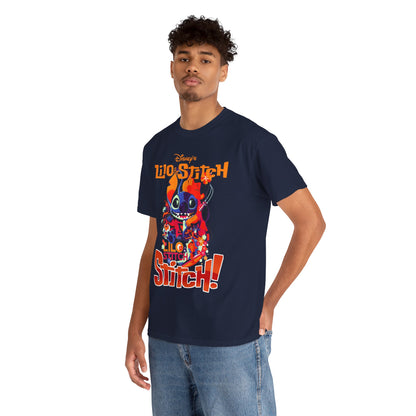 Sophisticated male model showcasing the Lilo & Stitch graphic t-shirt, adorned with cheerful and vivid illustrations of beloved characters.
