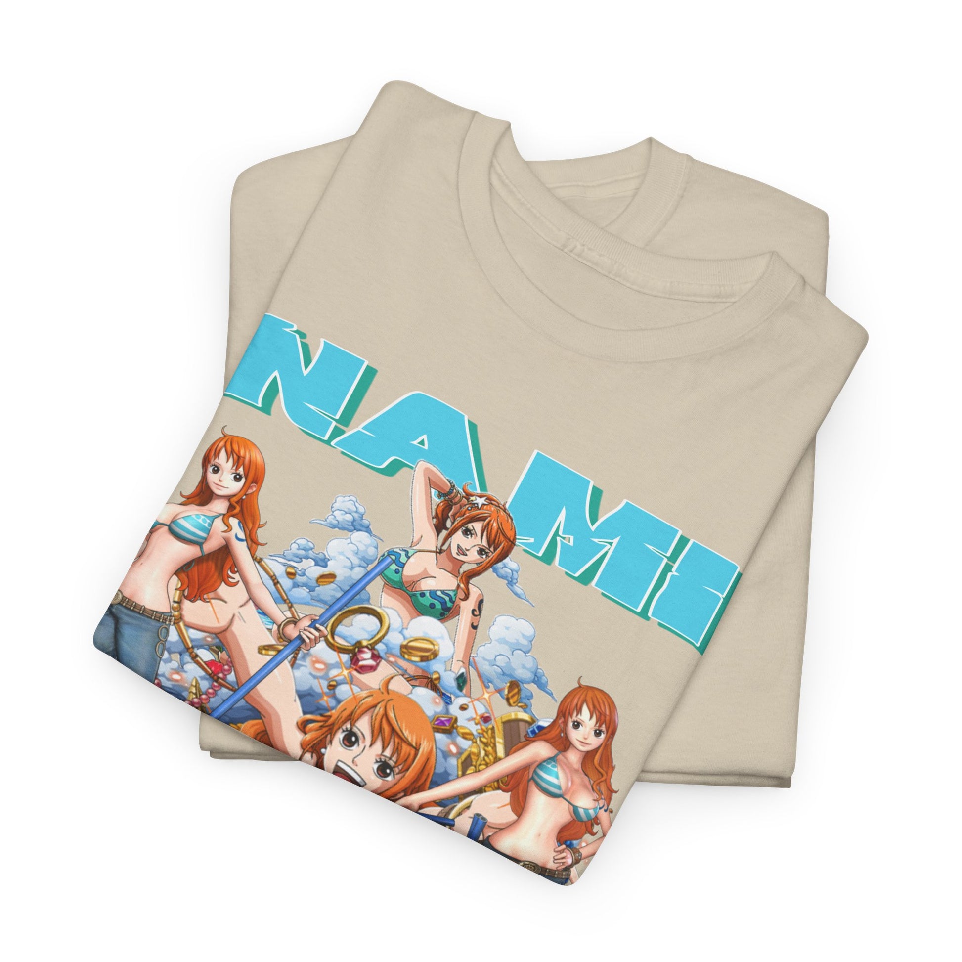 Stylish folded Nami anime t-shirts displaying vibrant artwork of the beloved character, perfect for showing off casual yet luxurious fashion.