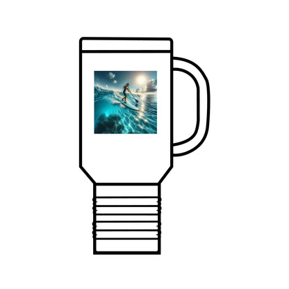 Fantasy Paddleboarding Insulated 40oz Travel Mug featuring a stunning artwork of paddleboarding over shimmering waters, perfect for luxury outdoor adventures.