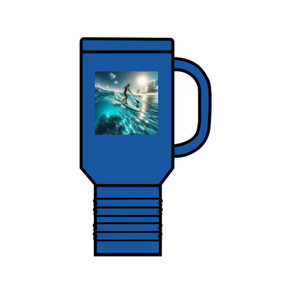 Stylish Fantasy Paddleboarding Insulated 40oz Travel Mug in blue, displaying an artistic depiction of paddleboarding under a radiant sun.