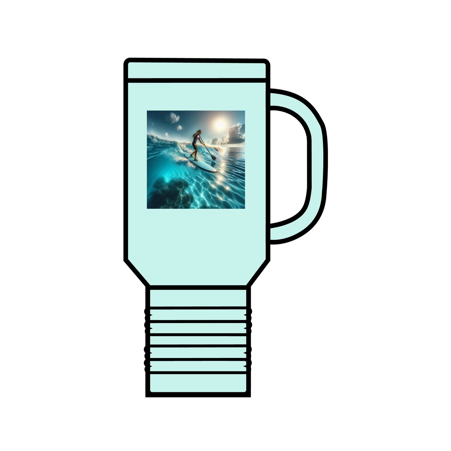 Chic Fantasy Paddleboarding Insulated 40oz Travel Mug in mint green, featuring a stunning visual of a paddleboarder riding gentle ocean waves.