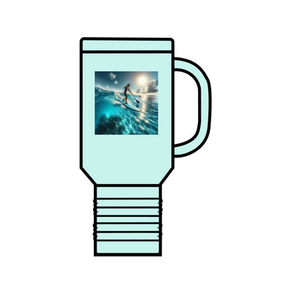 Chic Fantasy Paddleboarding Insulated 40oz Travel Mug in mint green, featuring a stunning visual of a paddleboarder riding gentle ocean waves.