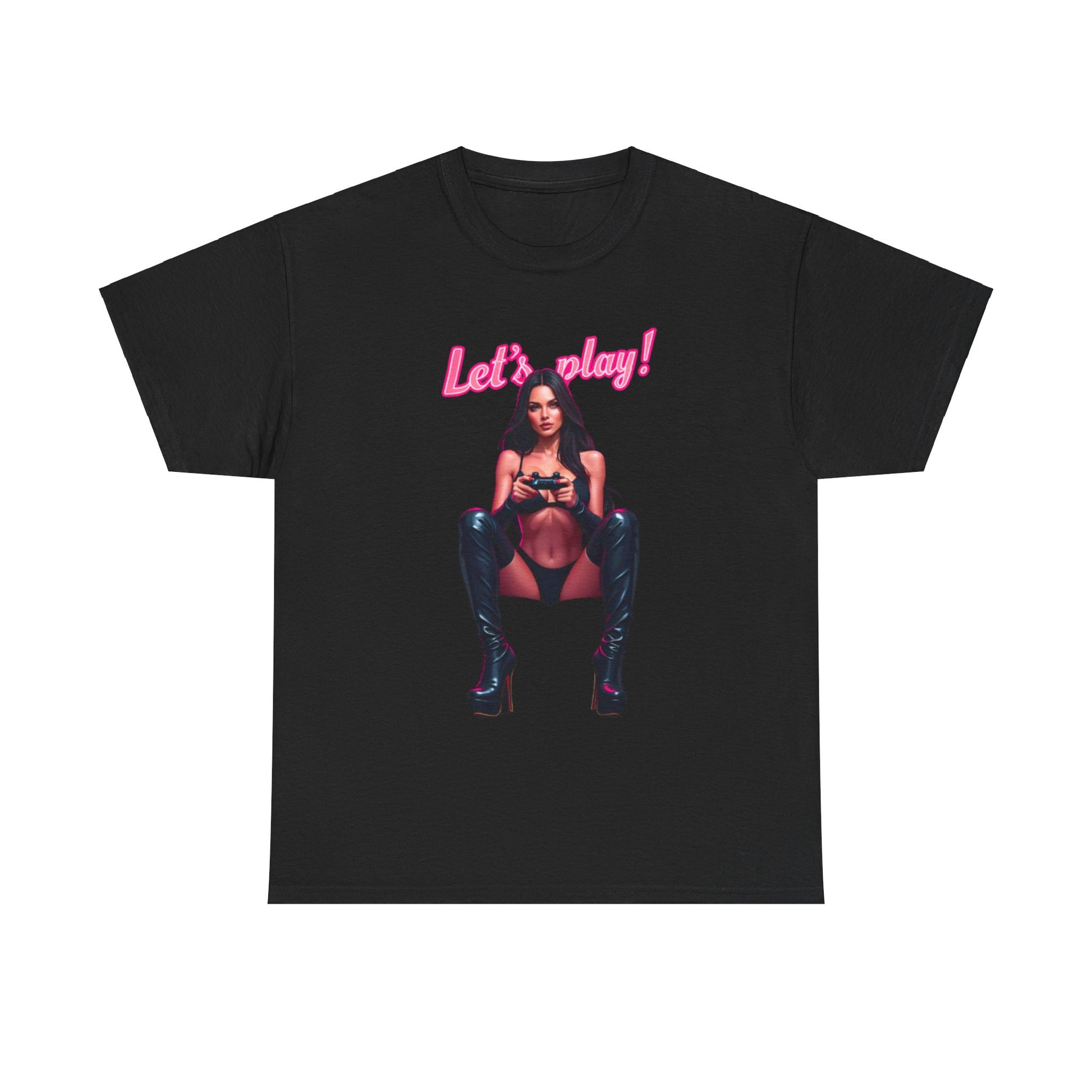 Luxurious black cotton graphic tee featuring a confident gamer with a gaming controller, styled with high-heeled boots, and vibrant pink typography reading 'Let's play!' Perfect for those who embody the spirit of gaming.