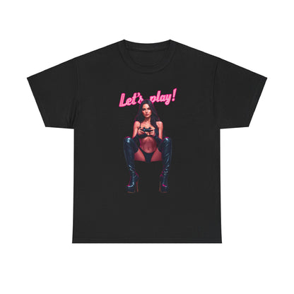 Luxurious black cotton graphic tee featuring a confident gamer with a gaming controller, styled with high-heeled boots, and vibrant pink typography reading 'Let's play!' Perfect for those who embody the spirit of gaming.