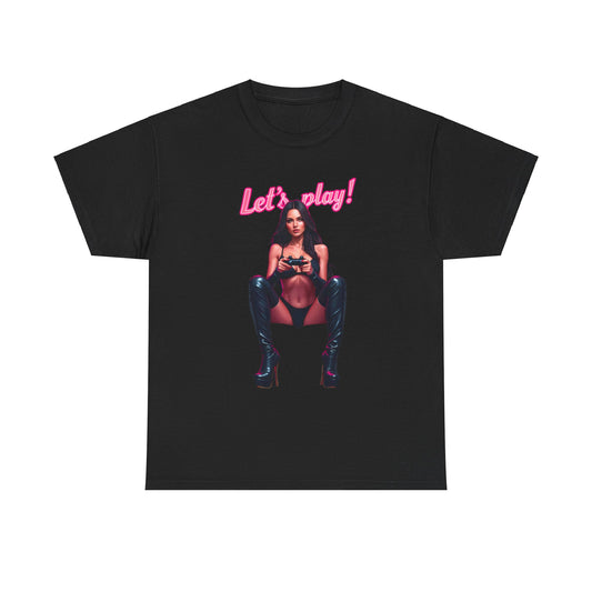 Luxurious black cotton graphic tee featuring a confident gamer with a gaming controller, styled with high-heeled boots, and vibrant pink typography reading 'Let's play!' Perfect for those who embody the spirit of gaming.
