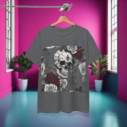 Skulls and Roses Cotton Tee displayed elegantly on a hanger in a stylish interior, capturing the essence of edgy luxury.