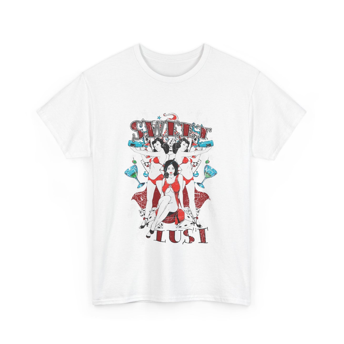 Luxurious vintage graphic tee featuring retro pin-up girls themed around gambling. The design includes bold typography showcasing 'SWEET LUST' amidst playful elements like cocktail glasses and dice, perfect for stylish casual outings.