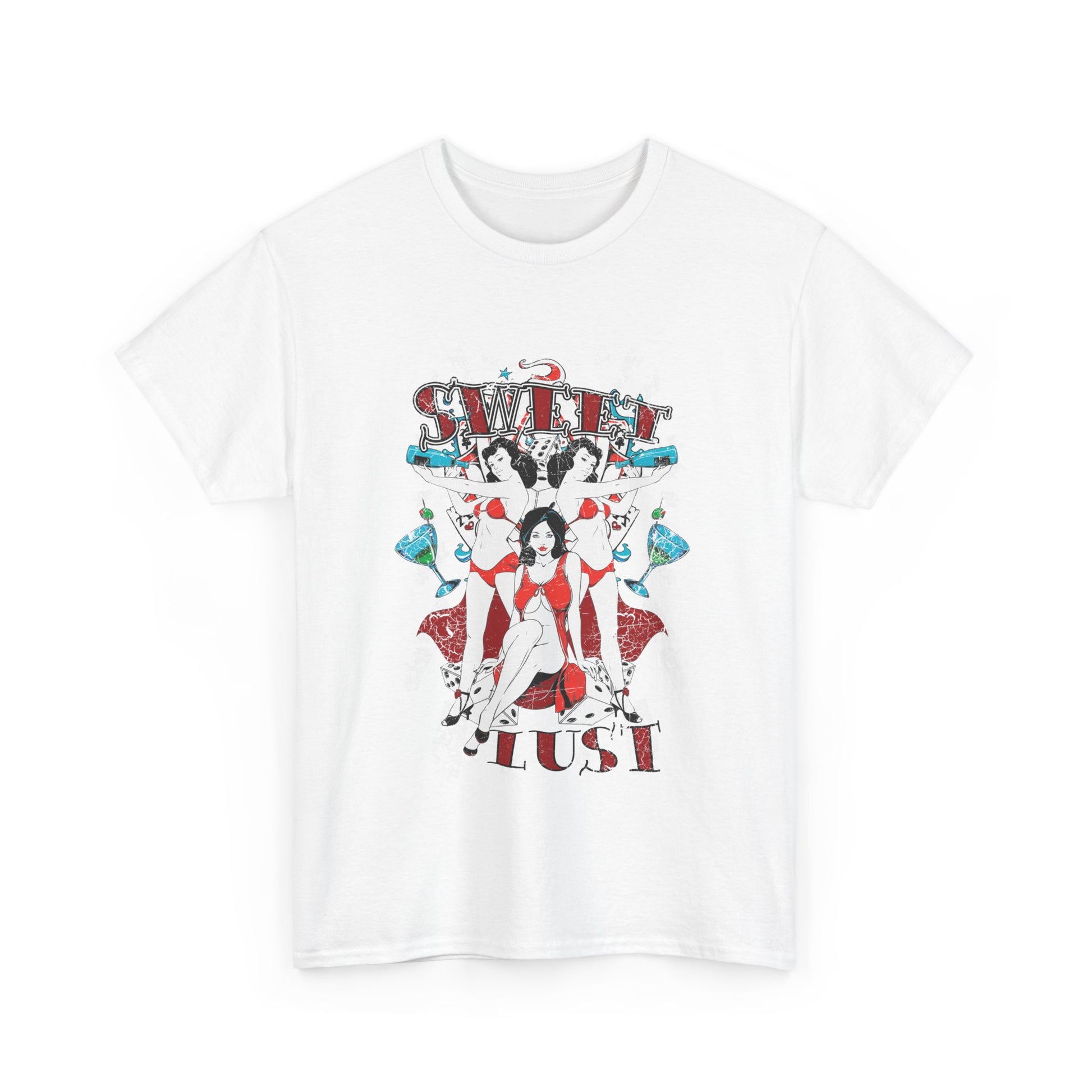 Luxurious vintage graphic tee featuring retro pin-up girls themed around gambling. The design includes bold typography showcasing 'SWEET LUST' amidst playful elements like cocktail glasses and dice, perfect for stylish casual outings.