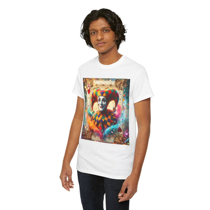 Model wearing the Harlequin Playing Card Graphic Tee, flaunting a unique vintage design with a striking jester graphic, ideal for streetwear enthusiasts.