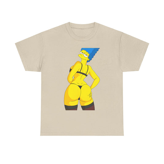 Marge Simpson Curvaceous Charm Graphic Unisex Graphic Tee Shirt displayed in a soft beige colour, featuring a vibrant illustration of Marge in stylish intimate wear, capturing her playful elegance.