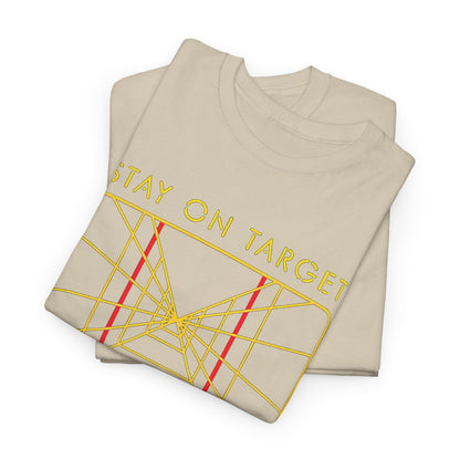 Stacked Stay On Target Star Wars Funny Graphic Unisex T Shirts, showcasing the unique design with targeting reticle in a luxurious beige fabric, ideal for stylish fans.