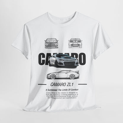 Men's Camaro ZL1 T-Shirt in a premium white fabric, highlighting the powerful Camaro ZL1 design, ideal for car lovers who value performance.