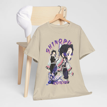 Sophisticated layout of a Shinobu Kocho T-shirt alongside a stylish cap on a chair, illustrating a trendy look for everyday casual wear for anime fans.