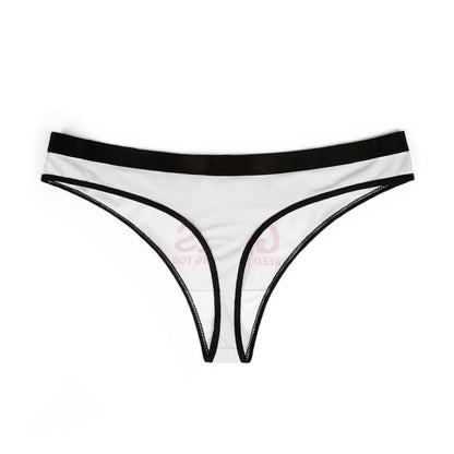 Chic women’s thong showcasing minimalist design with contrasting black trim, featuring the humorous quote 'Good Girls Need Spanking Too' for a bold statement in playful luxury.