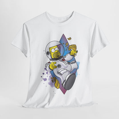 Elegant Spaceman Homer funny graphic unisex t-shirt displaying Homer Simpson in an astronaut suit, playfully indulging in snacks amidst a cosmic backdrop. Ideal for those seeking whimsical yet sophisticated apparel.