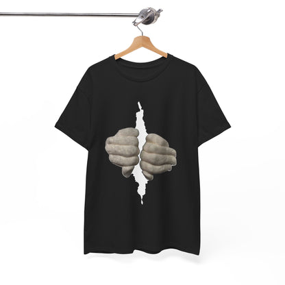Chic black unisex t-shirt artistically hung, featuring an eye-catching graphic of two hands symbolically escaping from a tear. Ideal for those who appreciate avant-garde fashion.