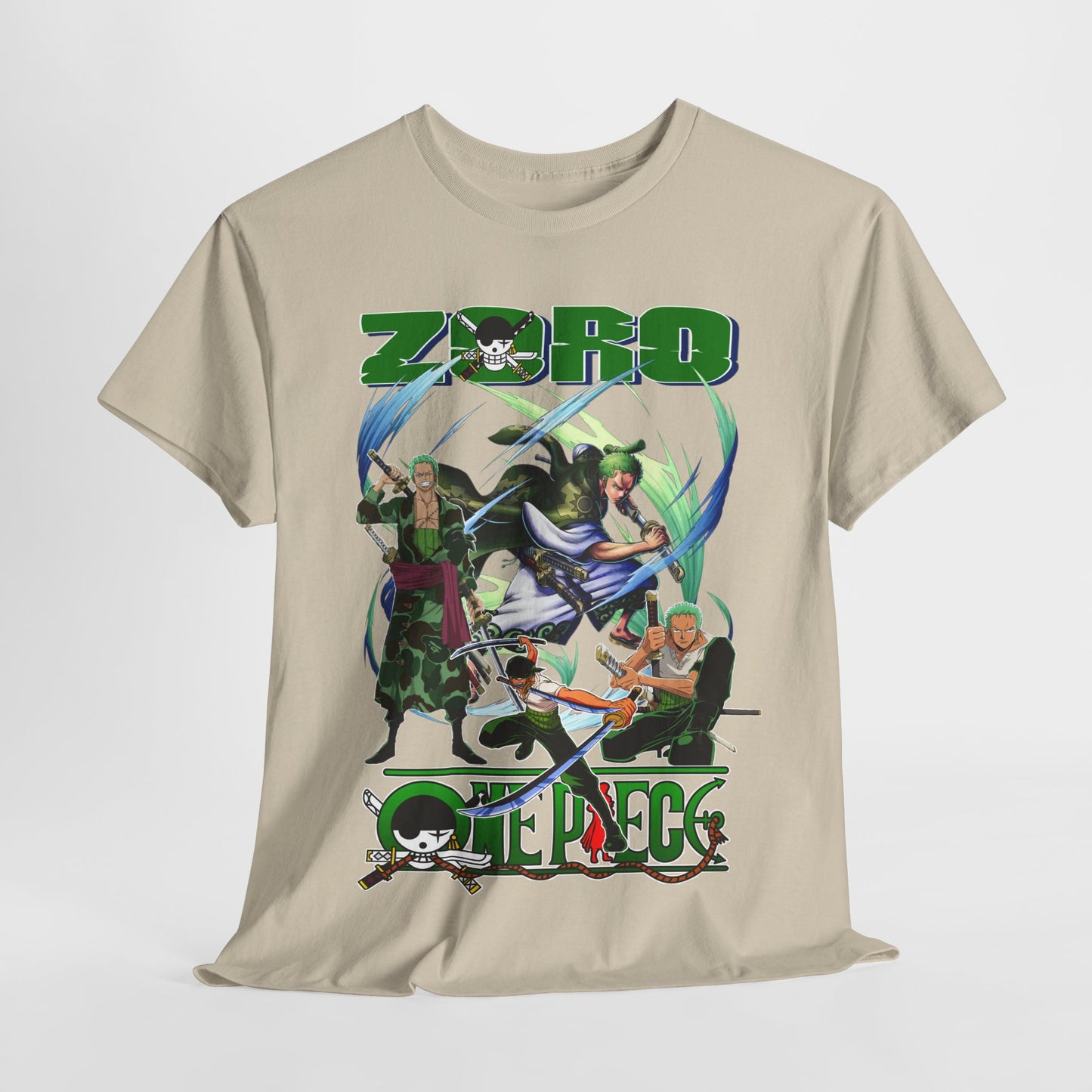 Chic One Piece t-shirt design highlighting Zoro and allies, a statement piece for sophisticated anime fans.