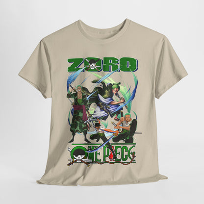 Chic One Piece t-shirt design highlighting Zoro and allies, a statement piece for sophisticated anime fans.