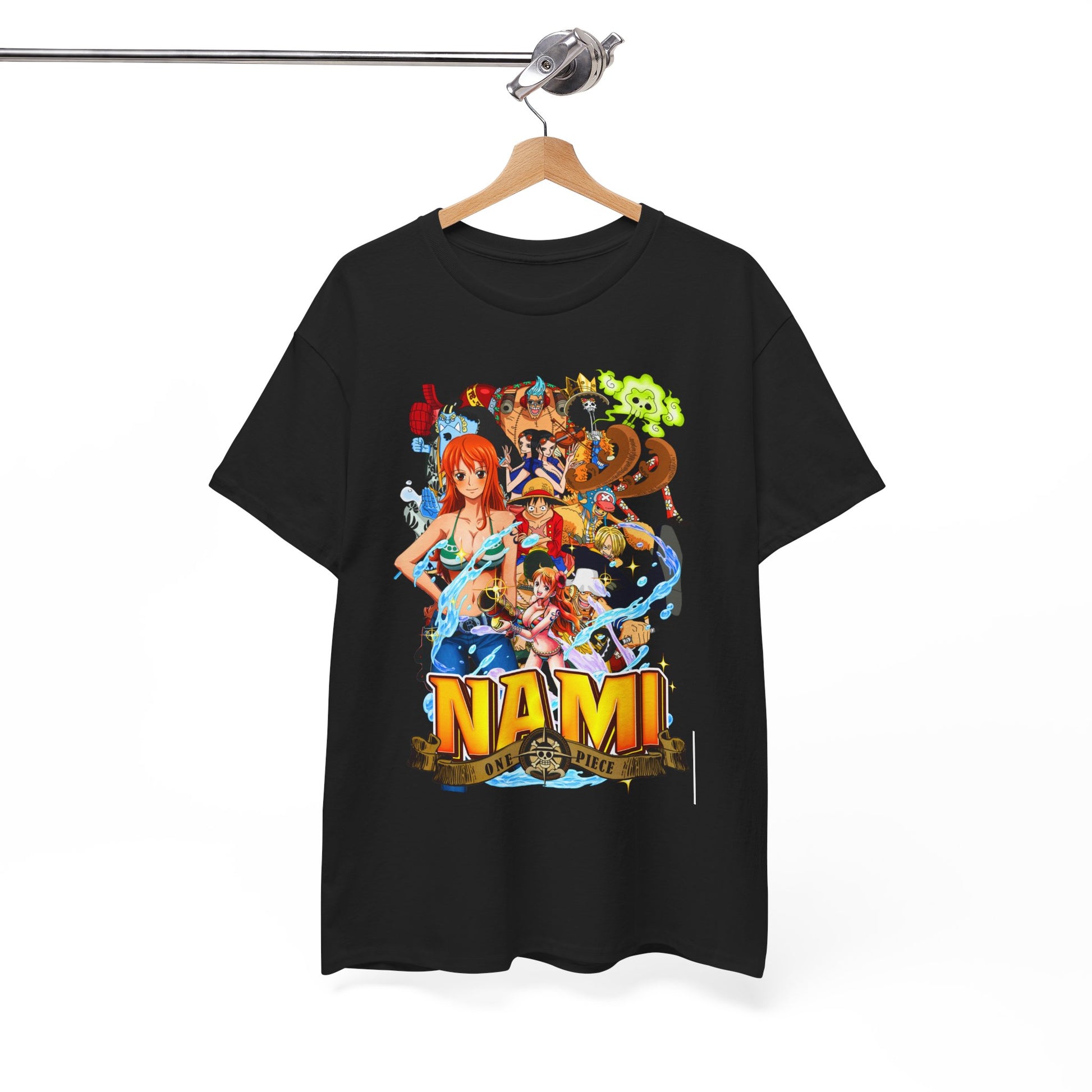 Elegant black t-shirt displaying a striking Nami graphic from One Piece, perfectly emphasizing the anime's adventurous spirit with intricate detailing.