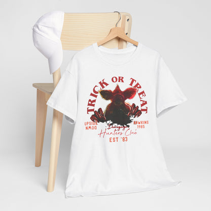 Sophisticated presentation of a white t-shirt with a Demogorgon design and nostalgic phrases, blending horror-inspired fashion with vintage charm for special occasions.