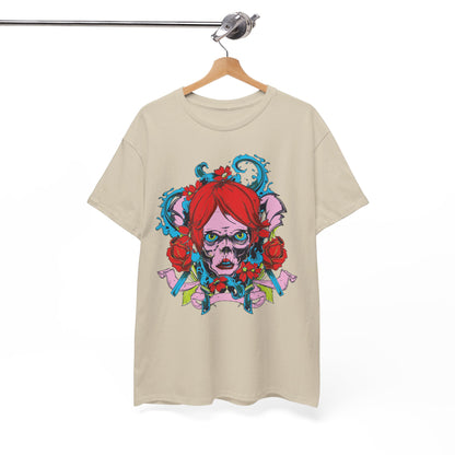 Chic men's artistic t-shirt displayed on a hanger, highlighting a captivating skull illustration surrounded by flowers and vibrant colours.